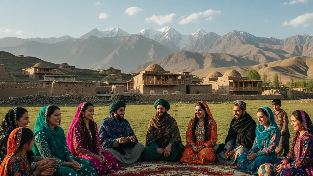 A serene, ultra-realistic scene of diverse Afghan individuals in traditional attire joyfully gathering around a vibrant handwoven carpet in a lush green meadow, with traditional mud-brick houses and majestic mountains in the background, conveying a message of unity and resilience.