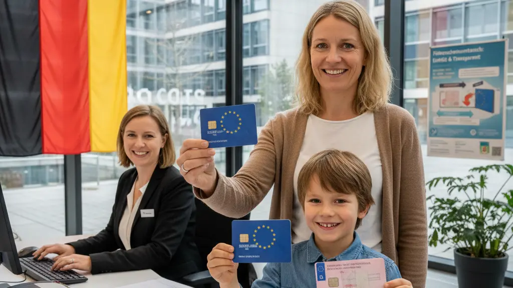 A happy family in a German government office exchanging old driving licenses for new EU-compliant versions, with a government employee assisting them.