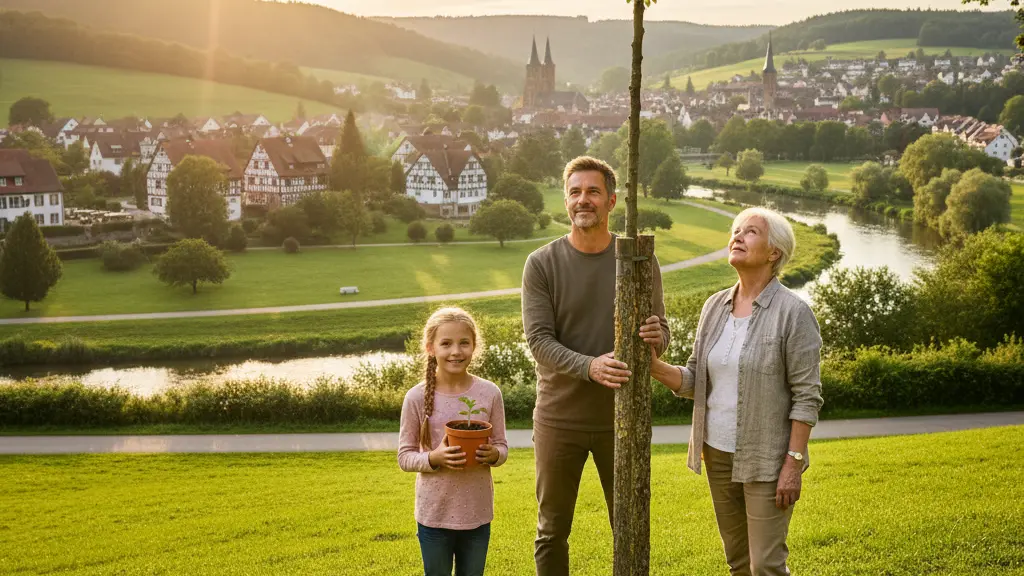 A diverse group of individuals standing in a lush green park in Nordrhein-Westfalen, with a young girl holding a sprouting plant, a middle-aged man touching a tree, and an elderly woman looking up at the sky, symbolizing hope and renewal, with traditional German architecture and a river in the background.
