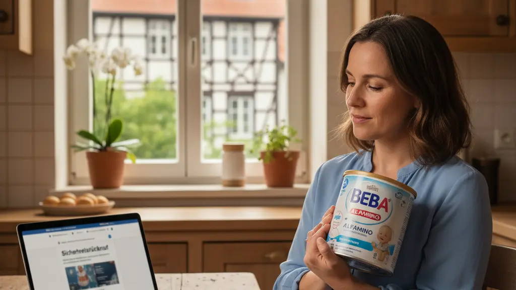 A concerned German mother examines a can of baby formula in her warm kitchen, symbolizing care and awareness about a product recall, with traditional German architecture visible through the window.