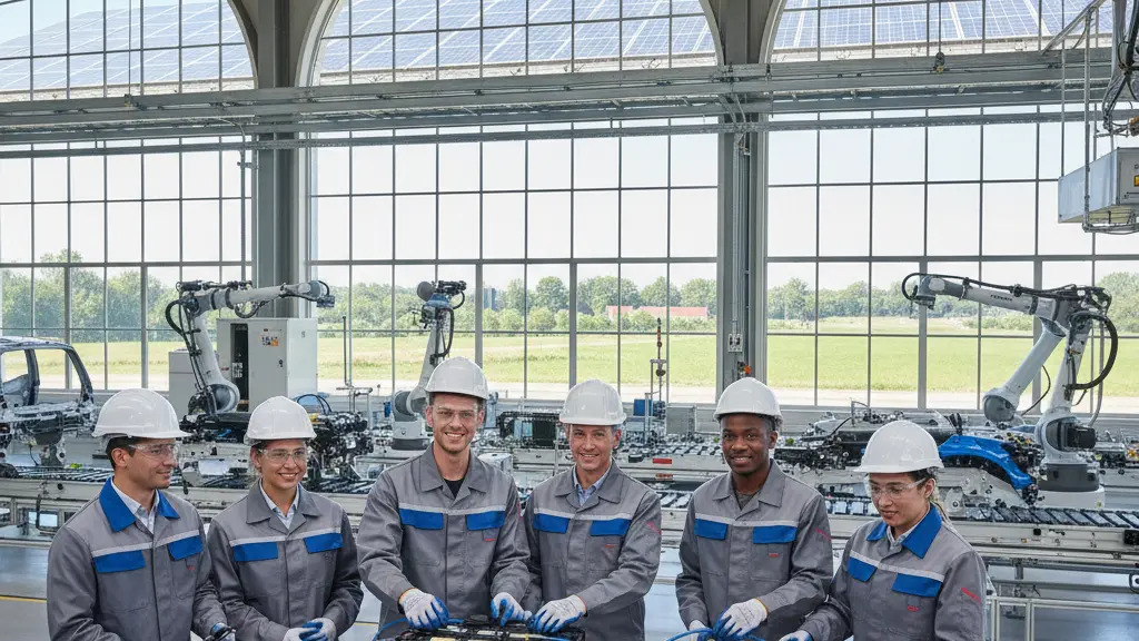 A diverse group of workers joyfully assembling electric vehicles in a modern German automotive factory, with elements of sustainability in the background, symbolizing hope and collaboration for the future of the auto industry.