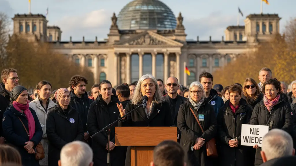A middle-aged Jewish woman, Eva Umlauf, speaking passionately at a podium during a memorial event in Berlin, surrounded by a diverse and engaged crowd, with the Reichstag building visible in the background, capturing a moment of unity against extremism.