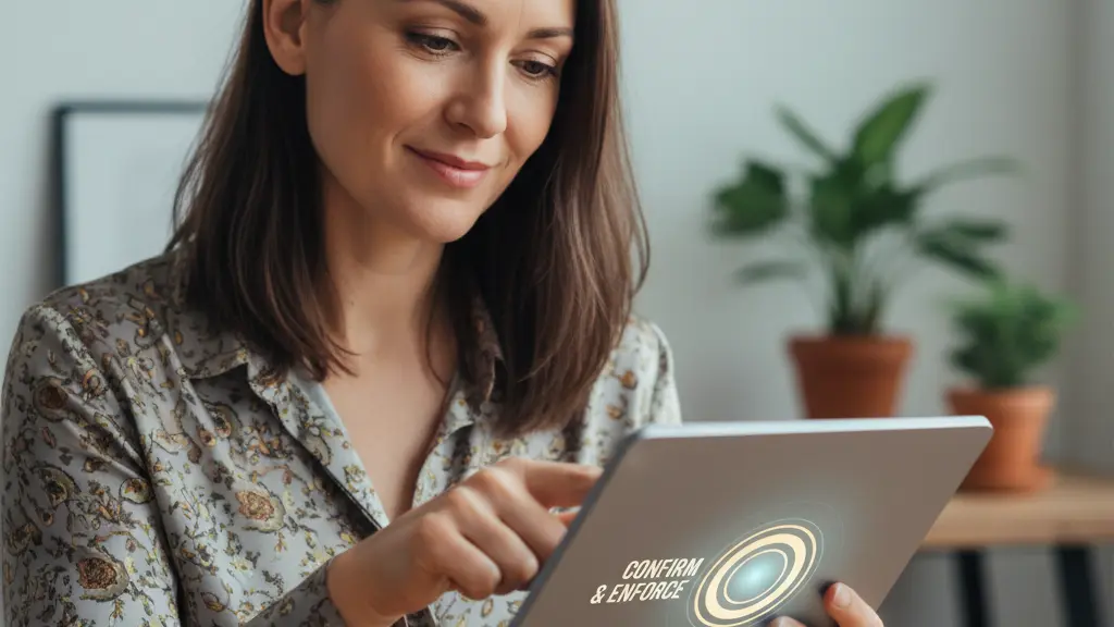 An ultra-realistic, photorealistic image of a confident woman in her late 30s, her finger hovering over a tablet screen, conveying relief and empowerment. She is the central focus, framed in a modern German public office setting with blurred contemporary European city architecture visible through a large window. The image symbolizes consumers easily joining a class action lawsuit to reclaim their rights against unauthorized price increases, emphasizing resolution and justice.