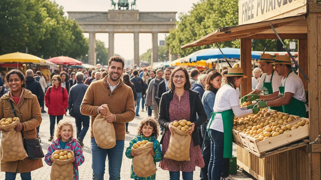 A joyful family and diverse crowd in Berlin during the Free Potato Bonanza event, carrying bags of fresh potatoes against a backdrop of iconic city architecture, embodying a sense of community and abundance.