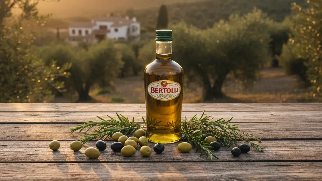 Photorealistic image of a bottle of Bertolli extra virgin olive oil on a rustic wooden table surrounded by olives and herbs, set in a sunlit olive grove with rolling hills and Mediterranean architecture in the background.