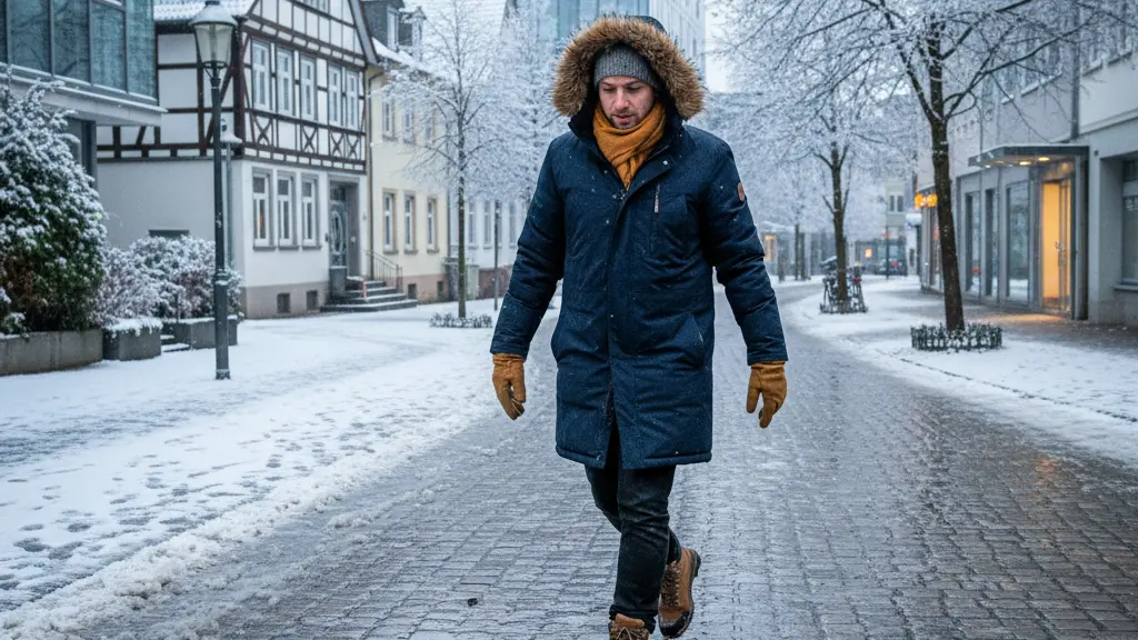 A cautious pedestrian dressed in winter gear walks carefully on a slippery street in Germany during an ice storm, surrounded by snow-dusted trees and traditional German architecture, with glistening patches of ice under soft winter light.