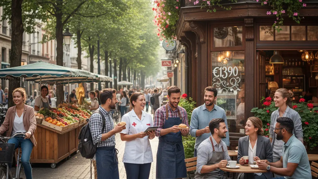 A diverse group of happy workers in professional attire standing outside a vibrant café in a European city, symbolizing positivity and economic growth with a lively street scene in the background.