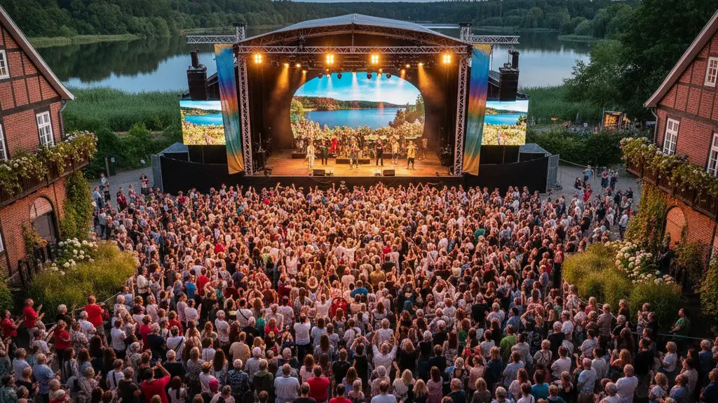 A lively outdoor festival scene at Eutiner Festspiele showcasing an enthusiastic crowd enjoying a musical performance at Eutiner See, with beautifully designed stage and vibrant atmosphere.