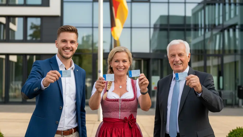 A diverse group of people proudly displaying their new driver's licenses outside a German government office, with recognizable German architectural elements in the background, conveying a sense of modernization and cultural exchange.
