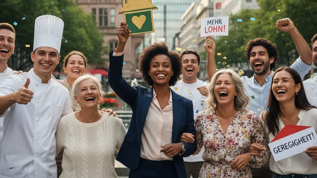 A diverse group of workers joyfully celebrating a wage increase in a vibrant urban setting in Germany, with a central focus on a smiling woman holding a sign symbolizing financial stability.