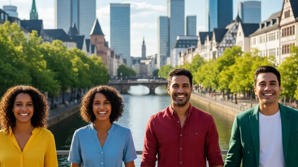 A diverse group of four happy individuals celebrating in front of modern German architecture, symbolizing hope and solidarity among Amazon Prime members regarding a recent legal action for refunds.