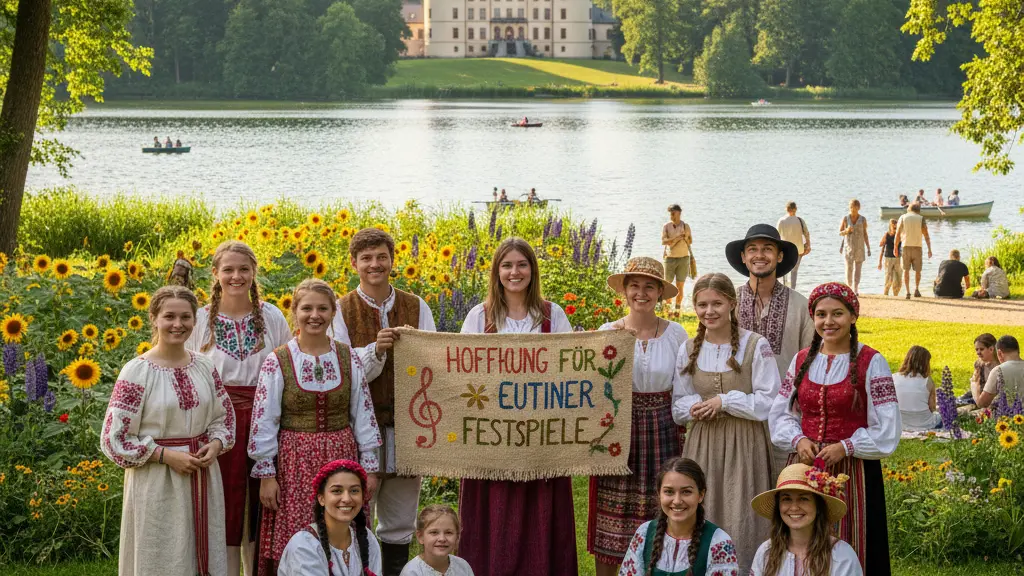 A joyful group of diverse individuals celebrating by the Großer Eutiner See, dressed in colorful clothing, with Eutin's charming architecture in the background and vibrant flowers around, symbolizing hope for the future of the Eutiner Festspiele.