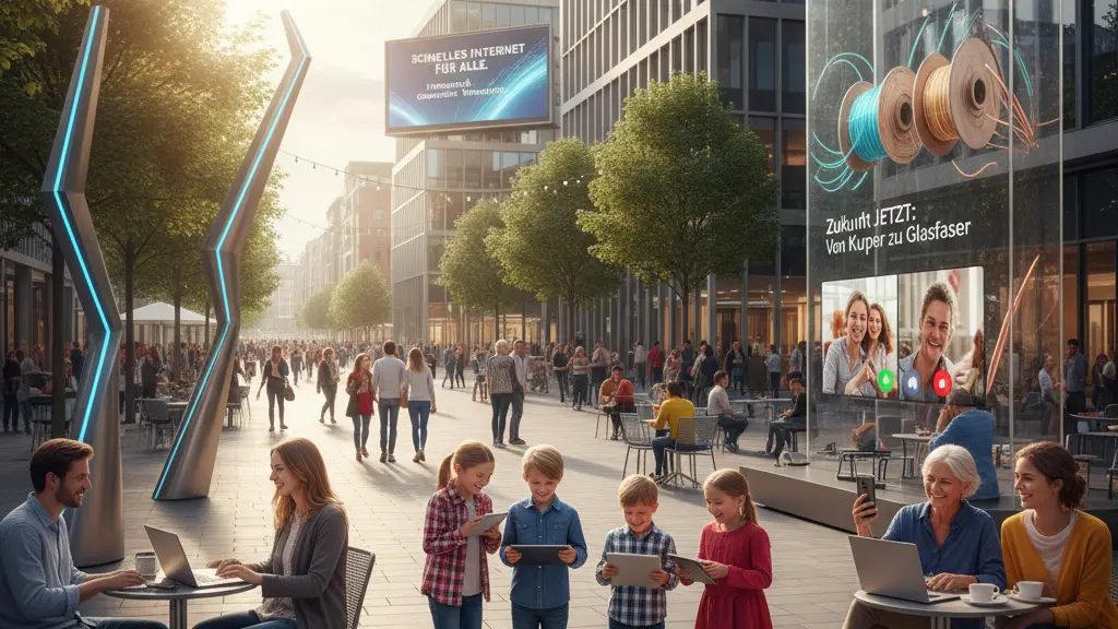 A diverse group of people interacting with technology in a modern urban setting in Germany, showcasing the transition from copper to fiber-optic networks, with visible infrastructure and a vibrant atmosphere.