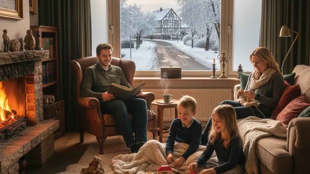A cozy living room filled with a family of four safe at home during icy weather, with a window revealing a wintery landscape outside and soft light casting warmth on their activities.