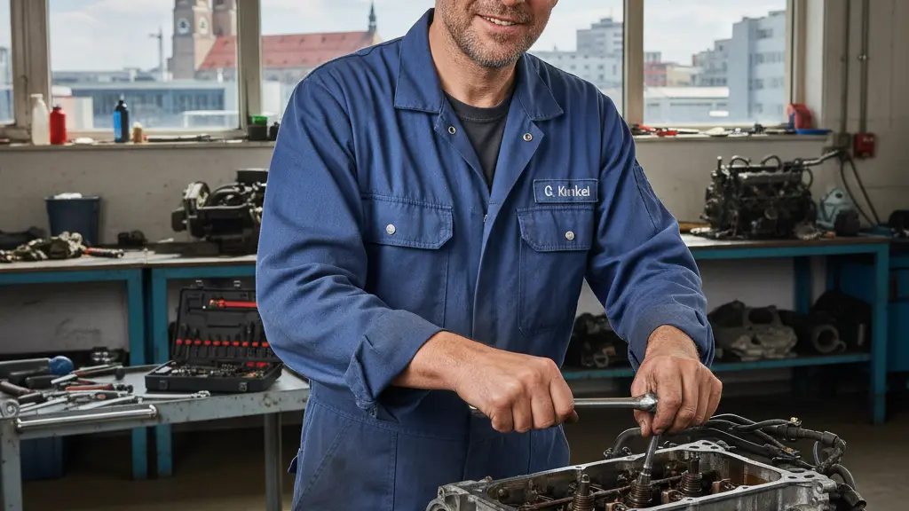 A 47-year-old man in a mechanic's jumpsuit working on a car engine in a bright workshop, symbolizing a career transition from architecture to automotive repair in Germany.