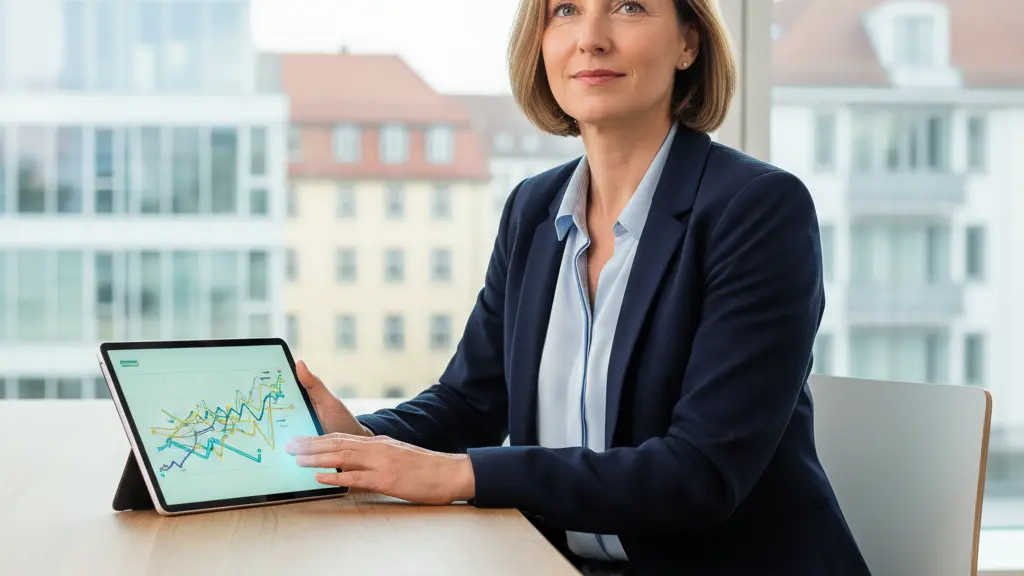 An ultra-realistic image of a confident, middle-aged European woman in smart casual attire, seated at a clean desk in a brightly lit modern German office. She gently touches a tablet screen displaying abstract, colorful graphics symbolizing successful financial planning or payment. Her expression is serene and forward-looking, conveying empowerment and a new beginning. A softly blurred German cityscape is visible through the window. The composition is clean, central, and professionally lit, with no text or symbols.