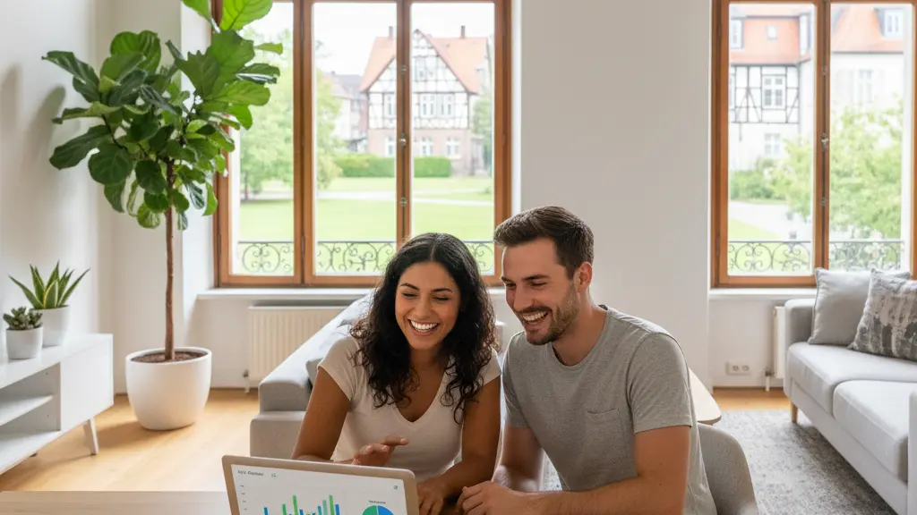 A young couple in a modern German living space cheerfully reviewing their finances on a laptop, with a credit card and a smartphone on the dining table, reflecting a positive approach to managing rent and bills in 2026.