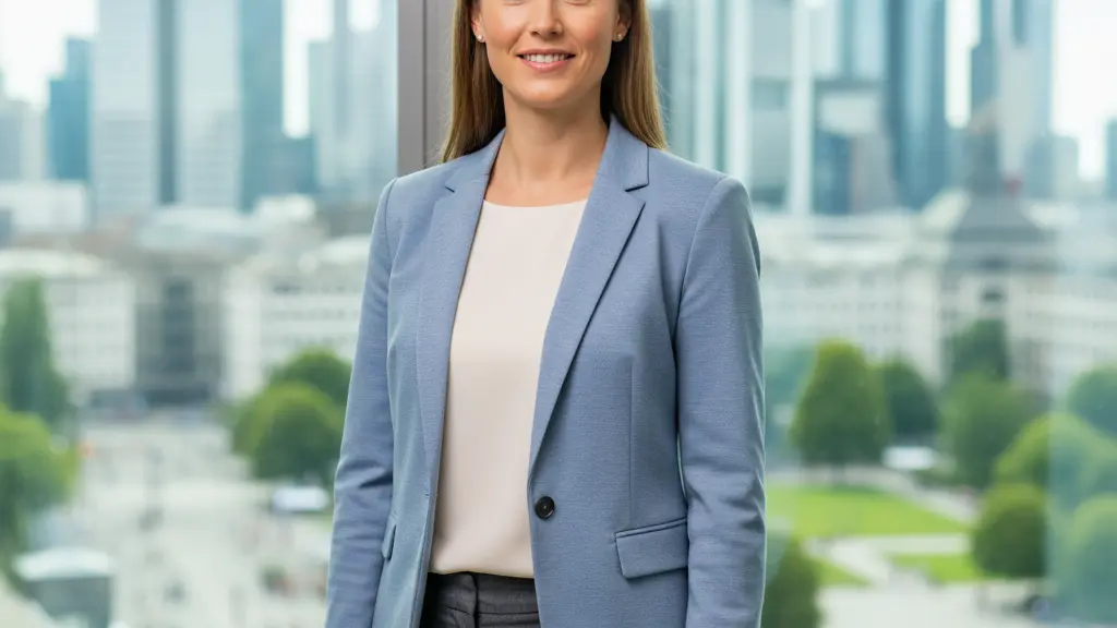 A photorealistic, brightly lit image of a confident, healthy young German woman in professional attire, smiling gently at the viewer. She stands centrally in a modern urban office setting, with a softly blurred background showing clean-lined German architecture through a large window. The image conveys well-being, personal responsibility, and a modern, efficient society.
