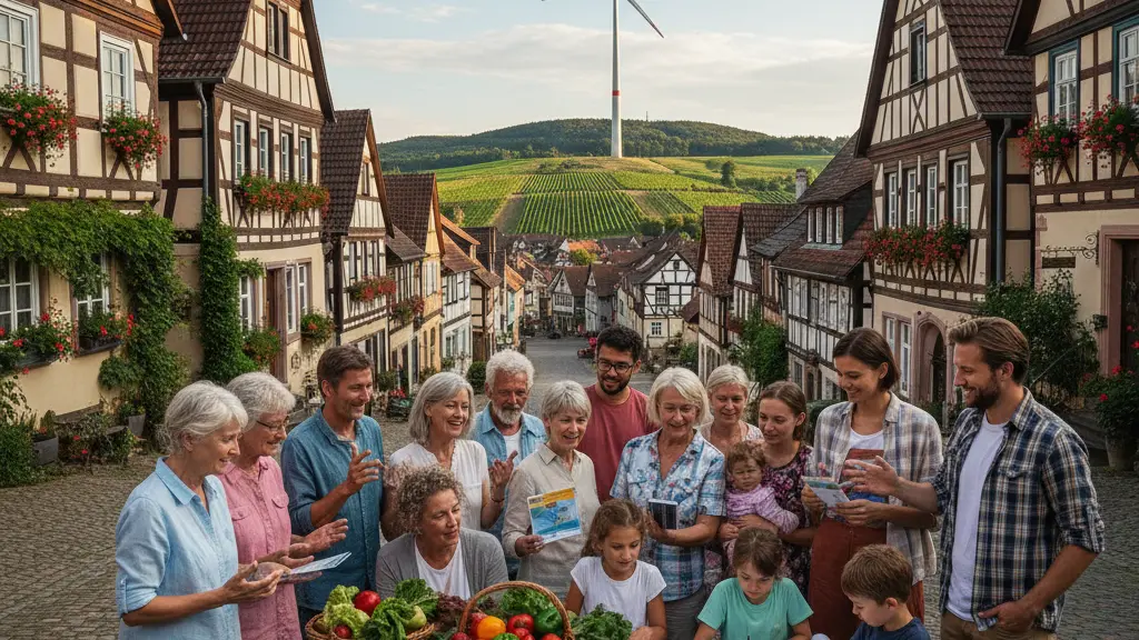 A diverse group of residents in a German village discussing sustainable energy solutions at a table full of fresh produce and pamphlets, with traditional half-timbered houses and rolling hills in the background.