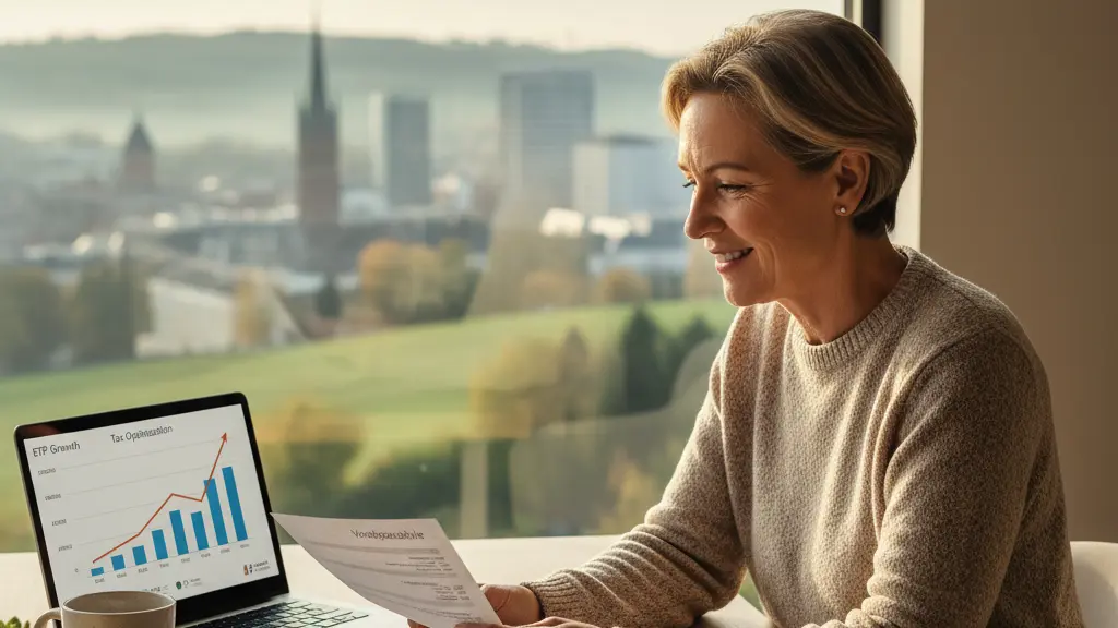A middle-aged European man sitting at a modern desk in a cozy home office, reviewing financial documents with a smile, symbolizing empowerment and understanding in navigating ETF taxation, with a serene landscape visible through an elegant window.