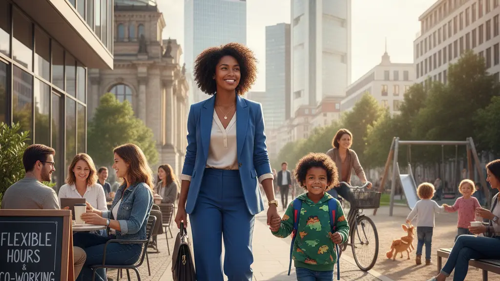 A modern urban scene depicting a diverse woman walking confidently, holding a briefcase and a child's hand, symbolizing work-life balance. The backdrop includes recognizable city architecture, with people engaging in conversations and children playing in a park, conveying a message of empowerment and dual roles in family and career.