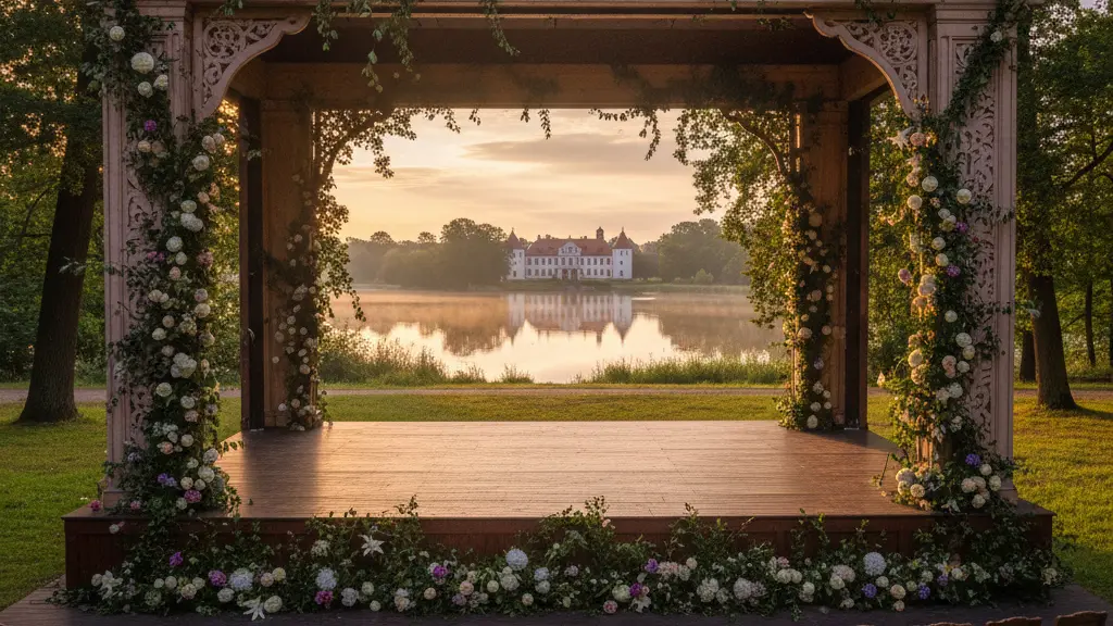 A photorealistic representation of an open-air theater stage set in a natural park, featuring lush greenery and vibrant flowers, with the historic Eutin Castle and Eutiner See in the background, evoking a sense of nostalgia and cultural significance.
