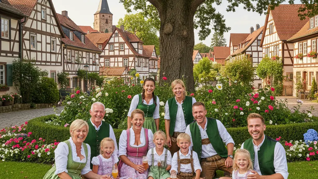 A diverse family gathering joyfully sharing a picnic in a sunlit garden in Germany, symbolizing positive inheritance tax reforms, with traditional German attire and recognizable architectural features in the background.
