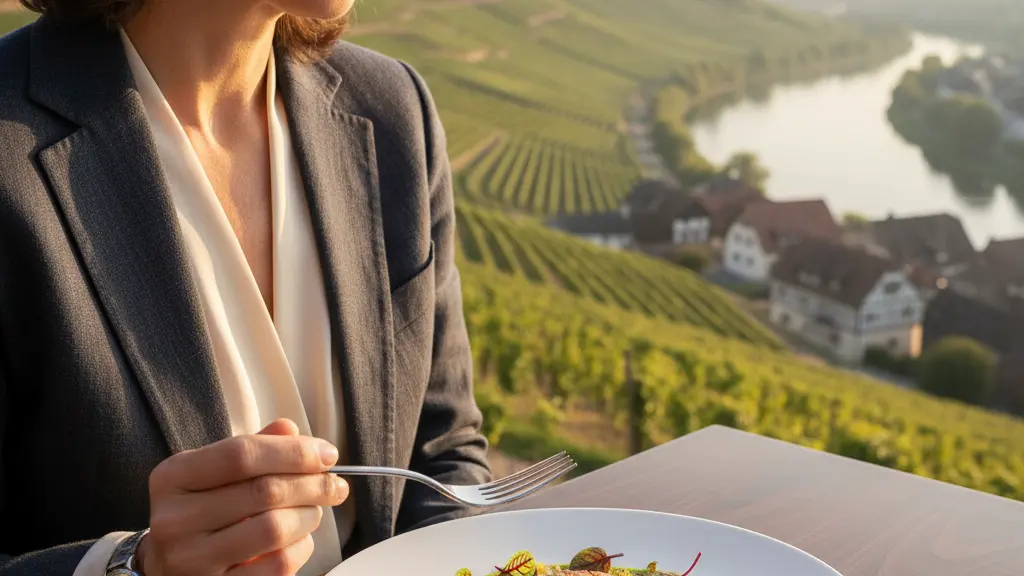 An ultra-realistic, photorealistic image depicting a refined individual's hand gracefully holding a fork, poised over an exquisitely plated gourmet dish, with a subtle expression of thoughtful discernment. The background features a softly blurred, golden-hour illuminated German wine region landscape, including rolling vineyards and distant traditional architecture, emphasizing the connoisseur's appreciation for fine dining in a distinct German setting.
