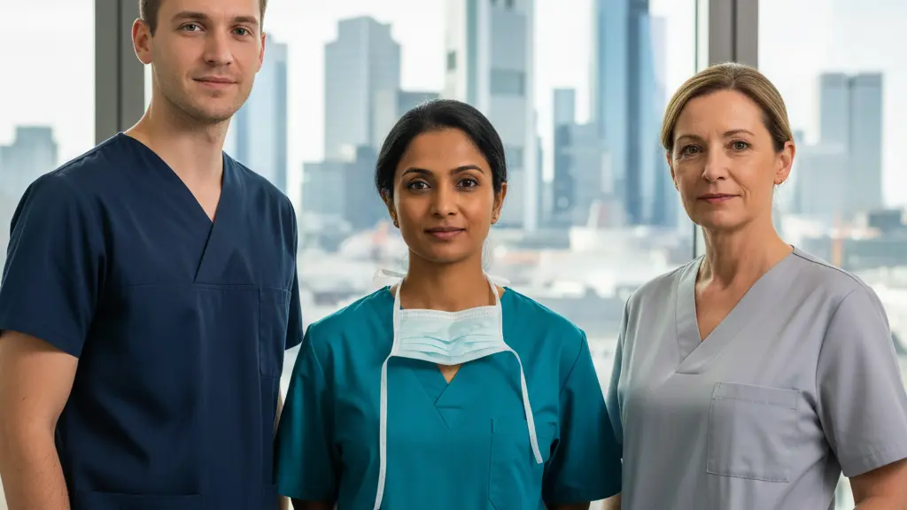 An ultra-realistic image of three diverse healthcare professionals—a female surgeon, a male nurse, and a female doctor—standing in close, dedicated collaboration within a pristine, modern hospital in Frankfurt, Germany. Their expressions convey deep focus and empathy. In the softly blurred background, through a large window, the recognizable skyscrapers of the Frankfurt am Main skyline are visible. The image is brightly lit, emphasizing their professionalism, teamwork, and the hopeful spirit of healthcare.