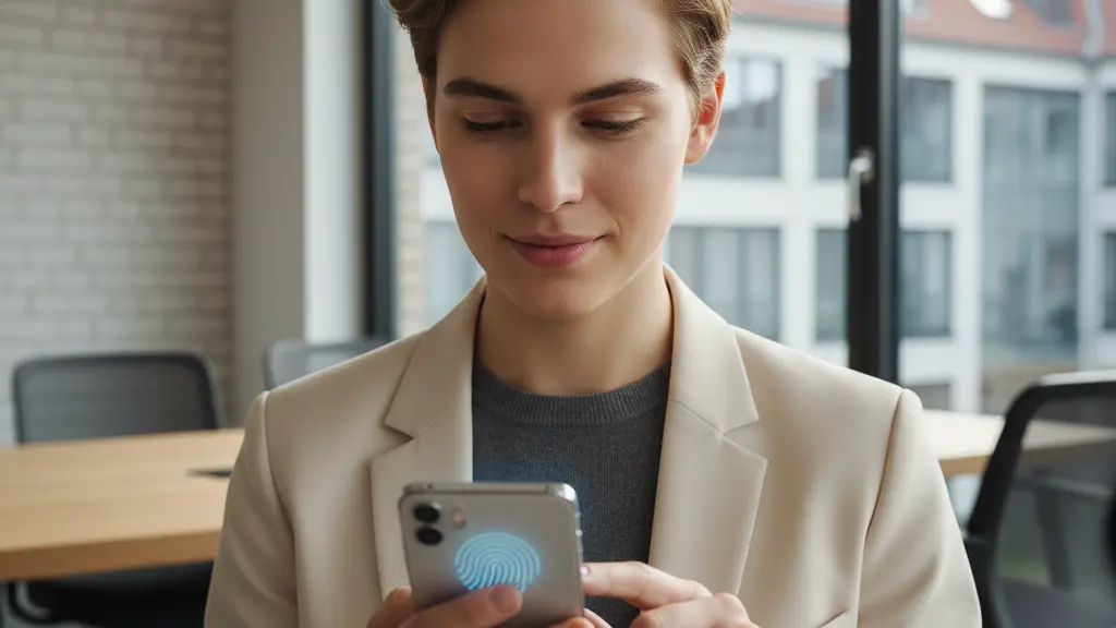 A highly realistic, center-weighted photograph of a young adult, gender-neutral, with a calm, confident expression, performing a biometric passkey authentication on a modern smartphone. The subject is centrally placed in a bright, contemporary German co-working space, with blurred modern German urban architecture visible through a large window. The image conveys an uplifting message of effortless digital security and professional competence, free of any text or branding.