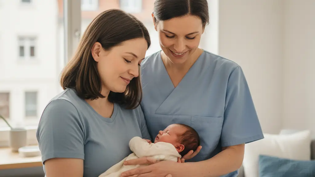 An ultra-realistic, professional photograph showing a compassionate German midwife gently guiding a new mother's hands as she tenderly holds her newborn baby. The midwife, mother, and baby are centered in the frame, radiating warmth, connection, and professional care. Soft natural light illuminates the scene in a modern, light-filled German room. The background is softly blurred, subtly revealing characteristic German architecture outside a window, providing context without distracting from the central figures. The image conveys the vital, nurturing role of midwives in Germany.