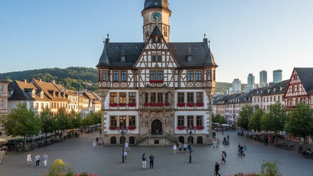 An ultra-realistic, photorealistic image showcasing a majestic, historic German town hall or a cluster of beautifully preserved traditional half-timbered houses, meticulously detailed and centrally placed within a pristine, orderly public square. The scene is bathed in the warm, golden light of an optimistic morning sun under a clear blue sky, conveying a profound sense of renewed order and stability in Germany. The square features clean cobblestones and carefully maintained native German flora, with rolling green hills or a modern German cityscape visible in the harmonious background. The image is professionally composed, emphasizing architectural grandeur and a serene, forward-looking national spirit, completely devoid of any text or symbols.