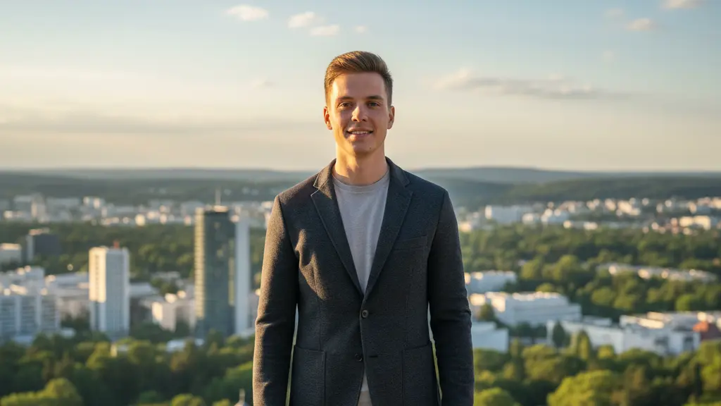 An ultra-realistic, cinematic photograph captured during golden hour, featuring a confident, ethnically diverse young adult (approx. 22 years old) standing centrally in the foreground. They possess an optimistic, forward-looking expression and subtly hold a modern car key fob, symbolizing accessible mobility and future opportunities. Behind them, a panoramic, modern German cityscape with sleek architecture smoothly merges into expansive, serene German forests and rolling hills under a clear sky. The scene is illuminated by warm, dynamic lighting, emphasizing textures and depth. This image represents progress, ecological balance, and a hopeful, prosperous future for Germany, free of any text or distracting elements.