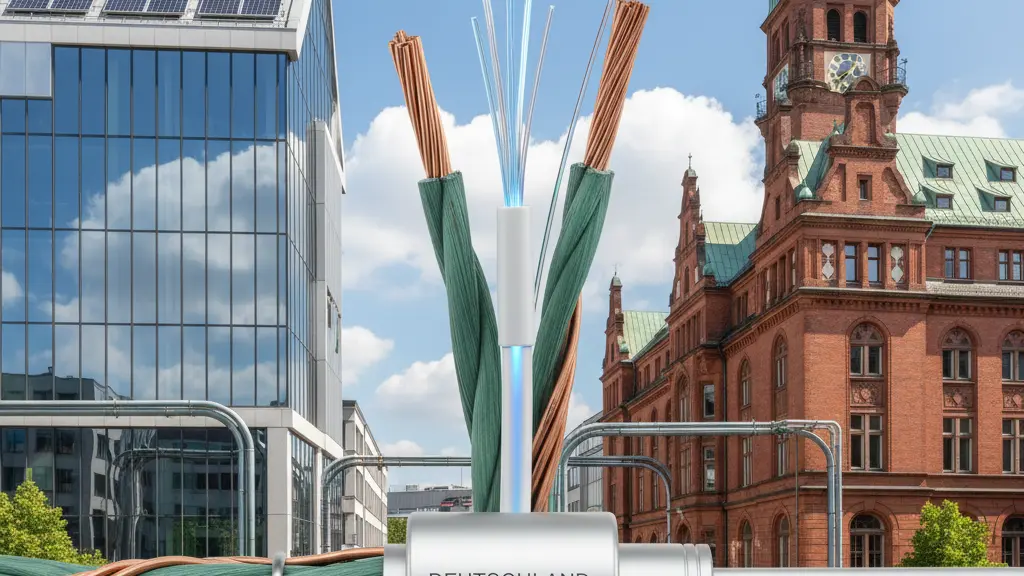 An ultra-realistic image symbolizing Germany's transition from copper to fiber optic internet, featuring a central fiber optic cable amidst urban German architecture, highlighting advancements in technology and infrastructure.