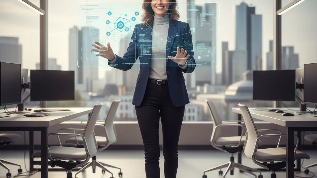 A diverse female software engineer in a sleek, modern German office, confidently interacting with a transparent holographic display showing data and code. Through a large window behind her, the blurred, recognizable skyline of Frankfurt, Germany, is visible. The image conveys successful integration and professional contribution to Germany's innovation landscape.