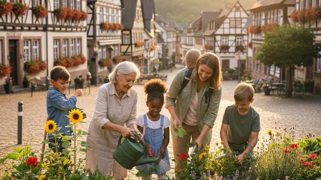 A diverse group of five people, including adults and children from different backgrounds, smiling and joyfully tending a vibrant community garden in a historic Hessian town square. Beautiful half-timbered houses and green hills are visible in the background under warm golden hour light, conveying a sense of community, integration, and shared purpose.