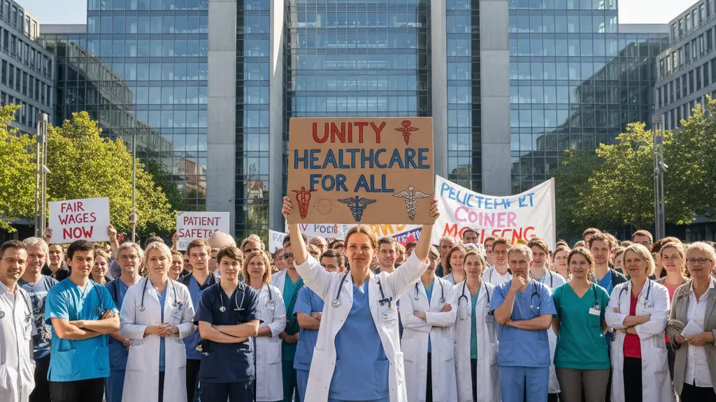 A nurse in scrubs stands confidently holding a placard, surrounded by a diverse group of healthcare workers protesting outside Frankfurt University Hospital, symbolizing solidarity in their strike for better working conditions.