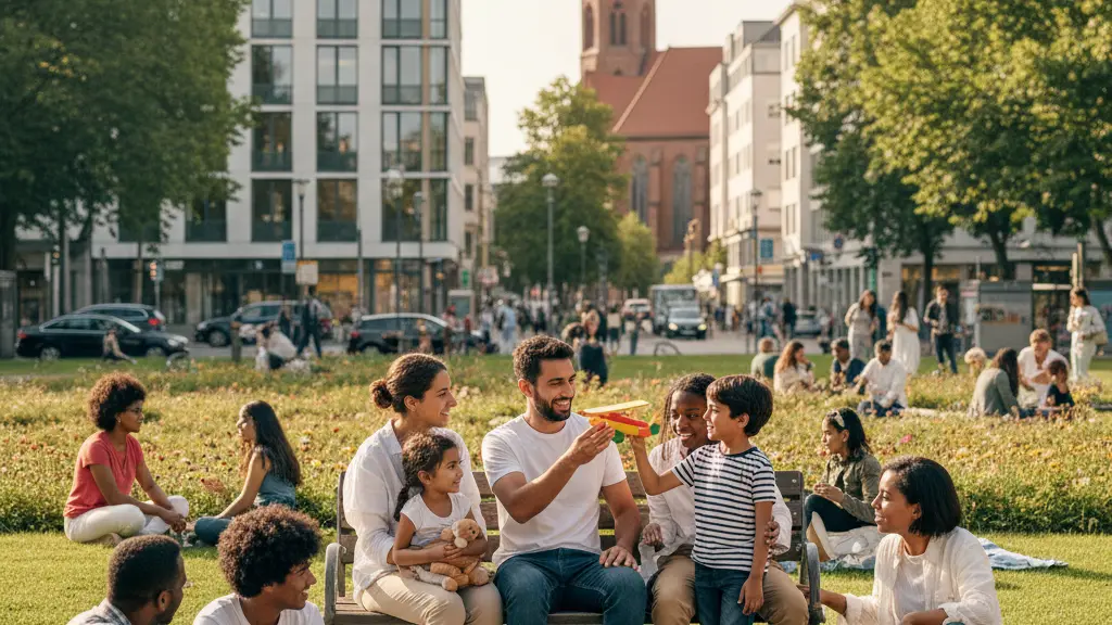 A diverse refugee family in a German park, smiling together in a moment of joy and hope, with modern buildings and greenery in the background, symbolizing resilience and positive migration experiences.
