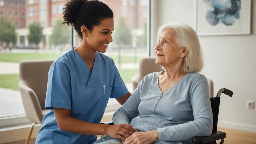An ultra-realistic, photorealistic image depicting a compassionate female nurse of diverse ethnic background, wearing blue scrubs, gently adjusting a blanket for an elderly Caucasian German woman in a wheelchair. The scene takes place in a bright, modern German care facility. Through a large window in the background, a subtle German urban landscape is visible. The image conveys themes of integration, professional care, and societal contribution.