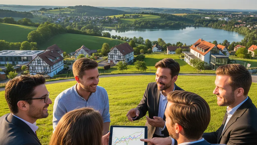 A diverse group of people discussing financial strategies with a backdrop of German landscape, symbolizing positivity and collaboration in ETF investing.
