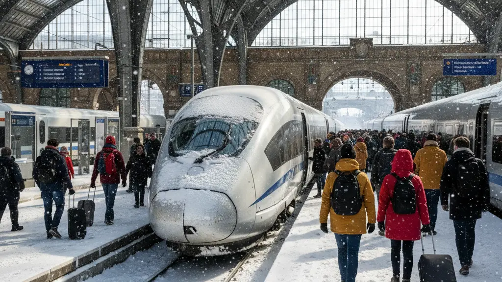 A bustling German train station after snowfall, featuring a sleek train, diverse passengers in winter clothing preparing to board, snow gently falling, and typical architectural details of a train station, creating a scene of hope and resilience.