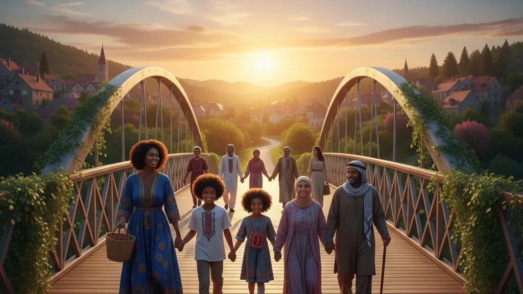 A diverse group of individuals, including adults and children from various backgrounds, crossing a symbolic bridge in a lush landscape during sunset, representing unity and hope in migration.