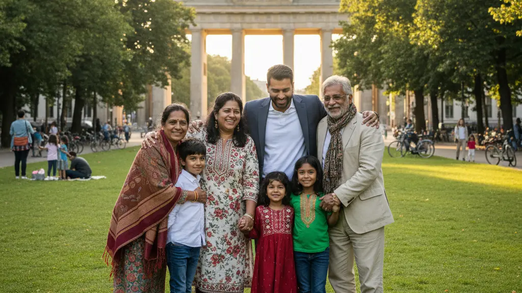 A joyful multigenerational family reunion in a park in Berlin, showcasing diverse cultural backgrounds, with recognizable landmarks like the Brandenburg Gate in the background. The family is embracing under soft natural light, symbolizing unity and togetherness.