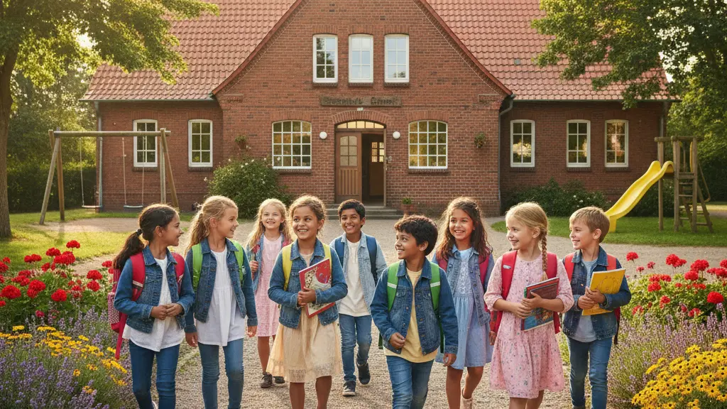 A diverse group of smiling children walking towards a traditional German primary school on a sunny morning, carrying colorful backpacks and displaying excitement about returning to school.