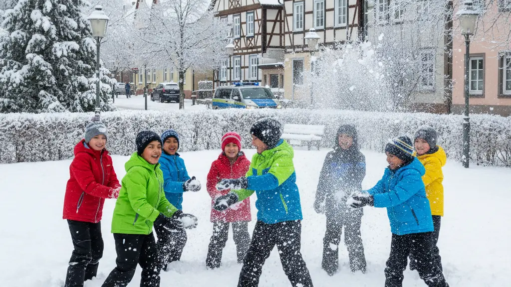 Children playing joyfully in a snowy park on a winter day in Niedersachsen, Germany, with traditional half-timbered houses and evergreen trees in the background, symbolizing a school closure due to extreme ice conditions.