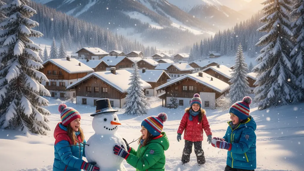 A picturesque snowy village in the German Alps during January 2026, with children playing in the snow, wearing colorful winter attire, traditional wooden chalets in the background, and snow-covered pine trees, conveying the joy of winter.