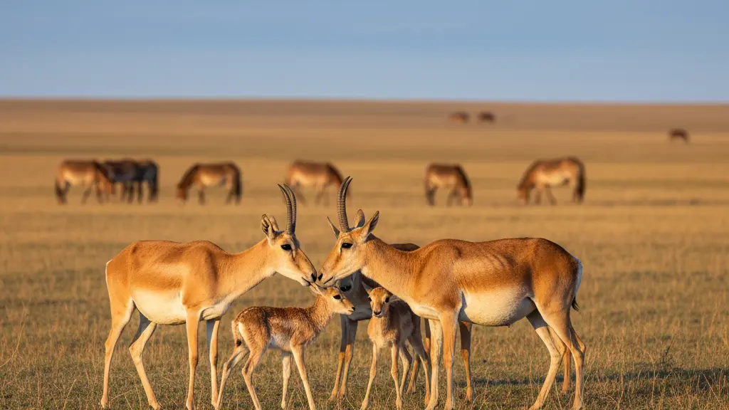 A photorealistic image of a group of Saiga antelopes with their young calves in the golden steppe of Altyn Dala, Kazakhstan, bathed in warm golden hour light. The mothers tenderly care for their newborn calves, symbolizing successful wildlife conservation and ecosystem restoration. In the distance, Przewalski's horses and Asiatic wild asses graze peacefully. The scene is uplifting, showing new life thriving in a vast, natural landscape under a clear blue sky.