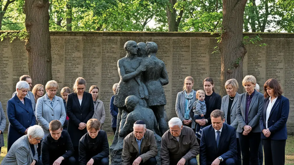 A diverse group of individuals holding a memorial ceremony at the Gedenkstätte KZ-Außenlager ‘MAGDA’ in Magdeburg-Rothensee, laying flowers at a memorial structure surrounded by trees, with a soft afternoon light creating a respectful atmosphere.