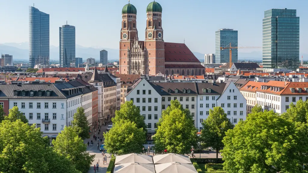 A photorealistic image of Munich's skyline featuring the Frauenkirche and a lively city scene with people, modern buildings, and lush greenery under bright blue skies.