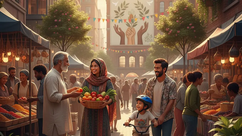 A diverse group of refugees joyfully engaged in a vibrant marketplace, symbolizing hope and community. A young woman in traditional attire interacts with a merchant, while a father teaches his child to ride a bicycle, set against a backdrop of mixed architectural styles and cultural decorations.